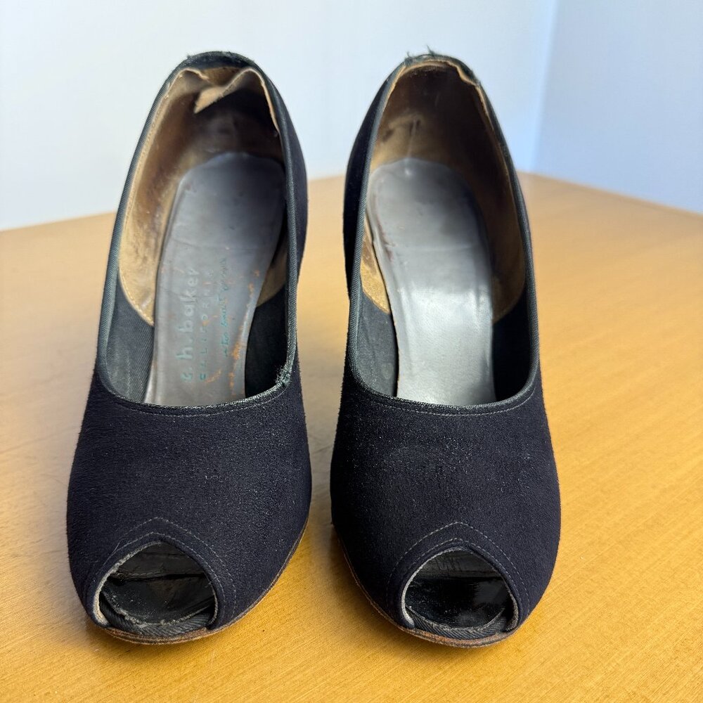 Vintage C.H. Baker California Black Peep Toe Pumps | 1940s–1950s Retro Heels